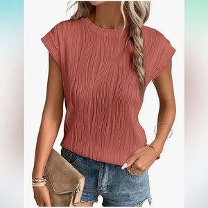 🦋 Coral Peach Pink Textured Short Sleeve Blouse Casual Stretch Comfy XXL